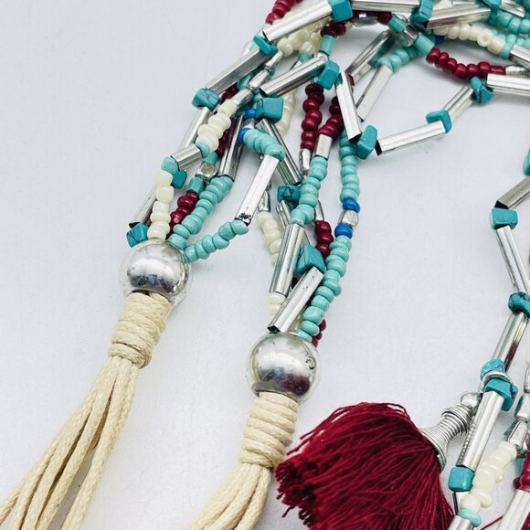 C1946 Multicolor Tassel Necklace Multistrand Silver Tone Blue Red Teal Ethnic - Picture 9 of 9